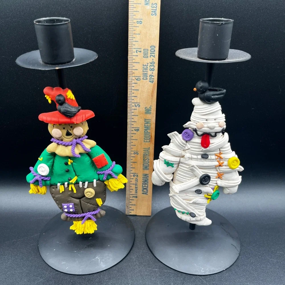 Scarecrow & Mummy Pair Of Halloween‎ Decor Black Metal Candle Holders Clay 8.5